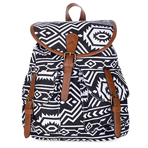 Vbiger Canvas Backpack for Women & Girls Boys Casual Book Bag Sports Daypack (White Black)