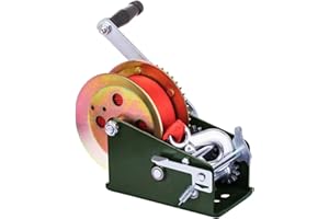 WHSSFINE Hand Winch Heavy Duty 3200lbs with Nylon Strap and Ratchet Handle Hook 2 Gear Manual Crank Towing Winch for ATV Boat Trailer Truck Auto Green