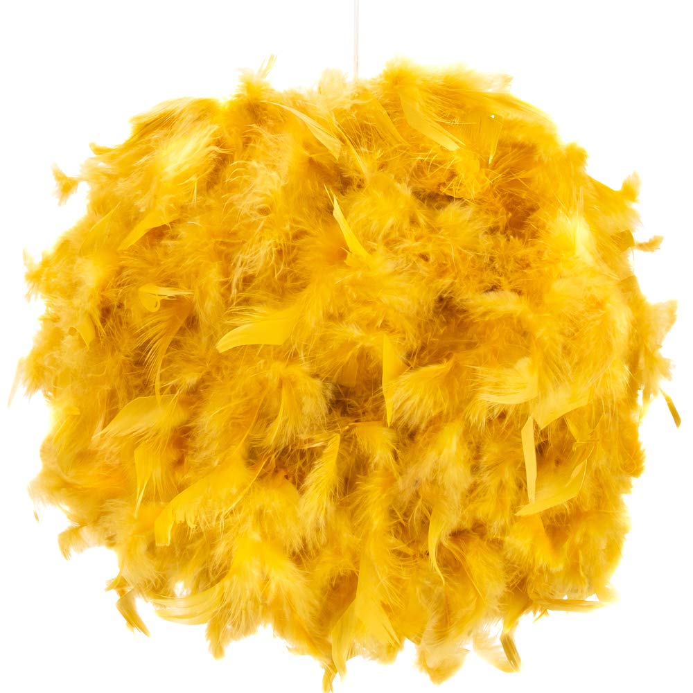 Contemporary and Unique Large Ochre Real Feather Decorated Pendant Light Shade - 40cm Diameter & 40watt Maximum - Beautiful Statement Piece by Happy Homewares