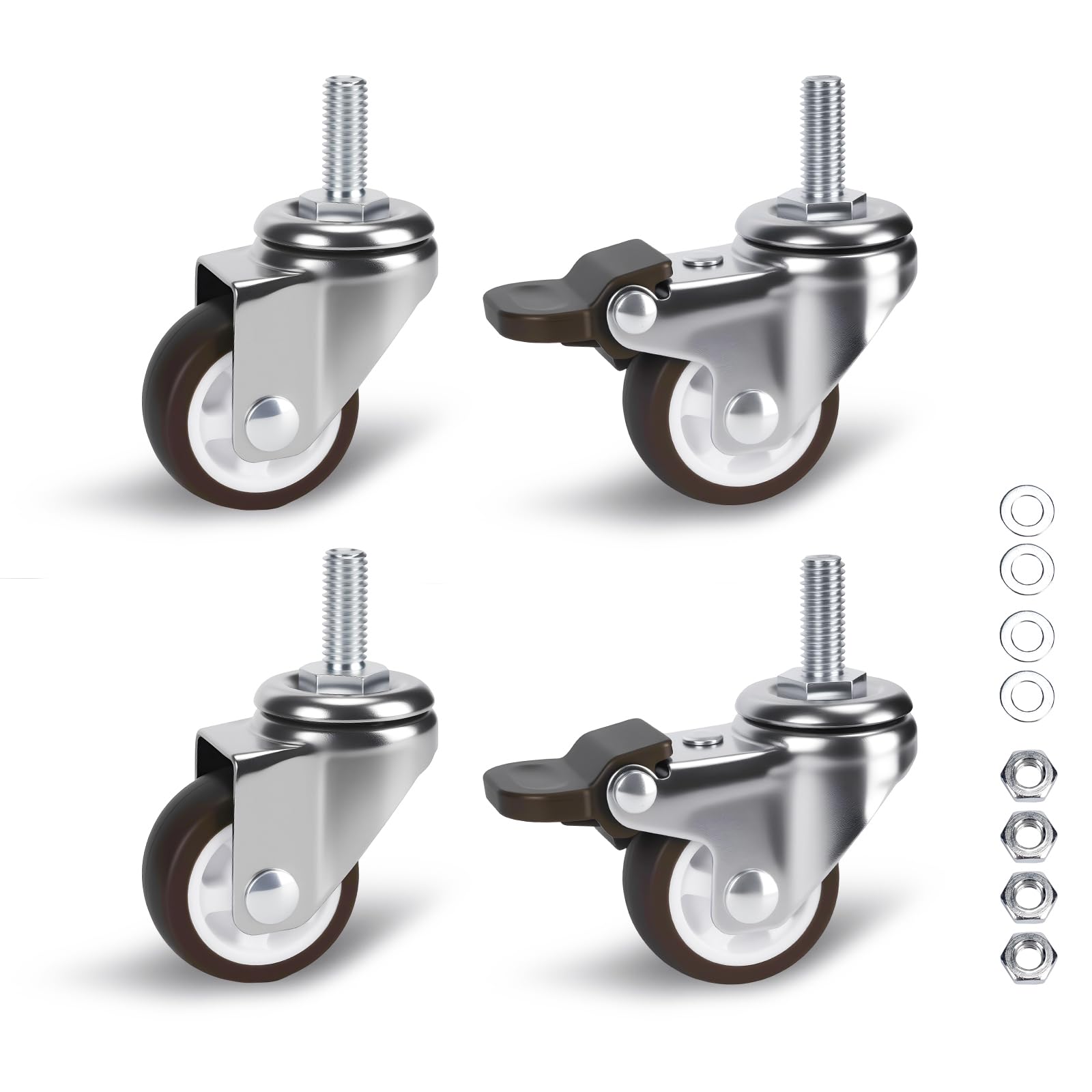 Photo 1 of 1.25 in Stem Casters Set of 4, Small Swivel Caster Wheels with Brake, Mini Low Profile Threaded Caster Wheels for Furniture, Lightweight Shelf, Total Load Capacity: 140Lbs,M6x15mm
