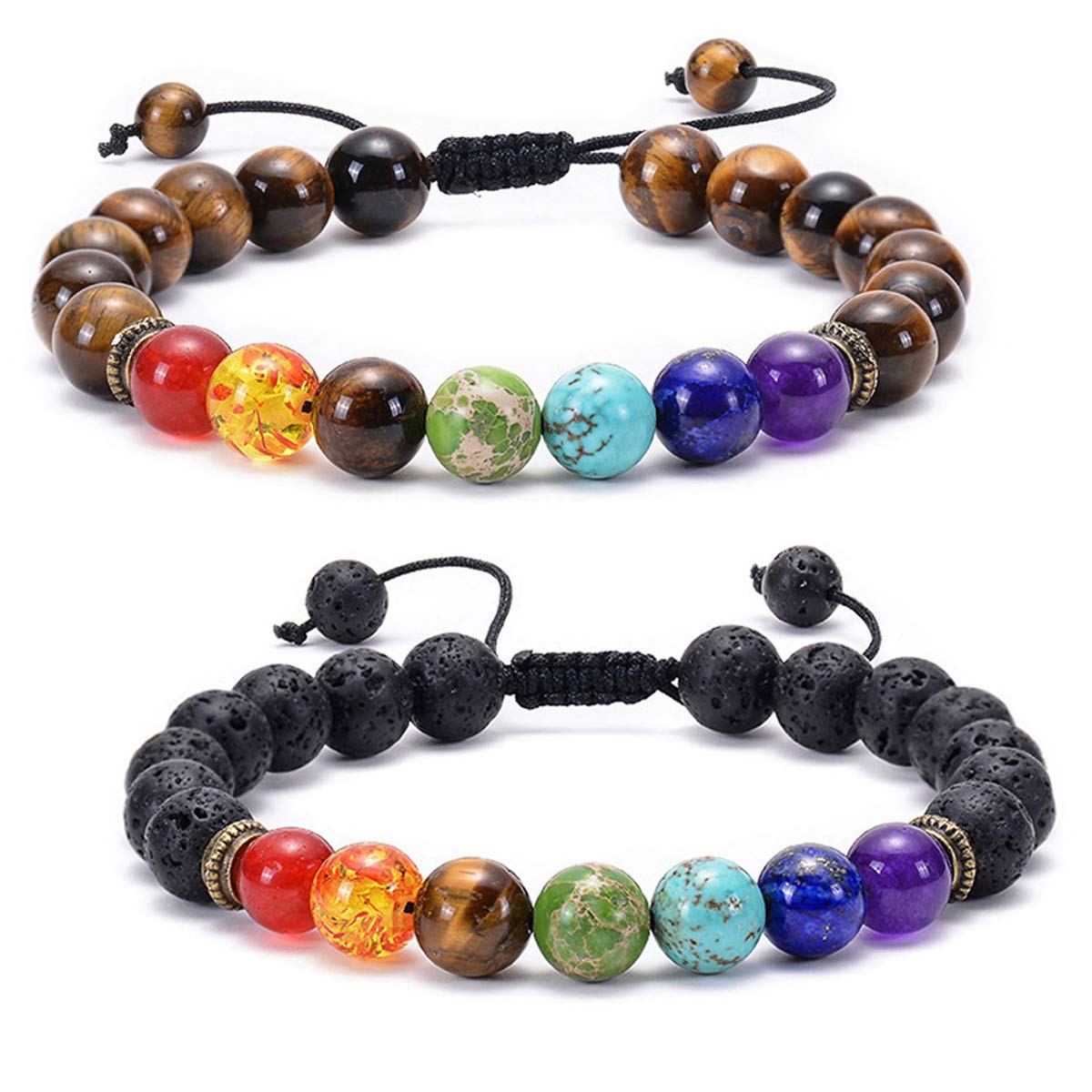 Techson 7 Chakras Bracelet, Lava Rock and Tiger Eye 8mm Natural Stone Braided Rope Bangle, Essential Oil Diffuser Gemstone Beads Yoga Bracelet (2 Pack)