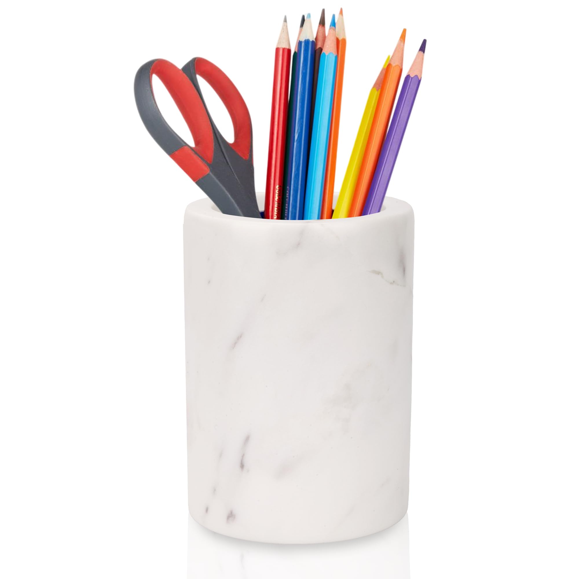 Photo 1 of WORHE Natural Marble Pen Holder for Desk, Handcrafted Volakas Sturdy Desk Organizer for Office Supplies Storage Desktop Stationary Makeup Brushes Cup Pencil Holders for Home White (DL002)