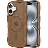 ZTOFERA for iPhone 16 Phone Case Compatible with MagSafe, Curly Wave Frame & Matte Translucent Hard Back, Soft Silicone Bumper Shockproof Protective Magnetic Phone Cover-Brown