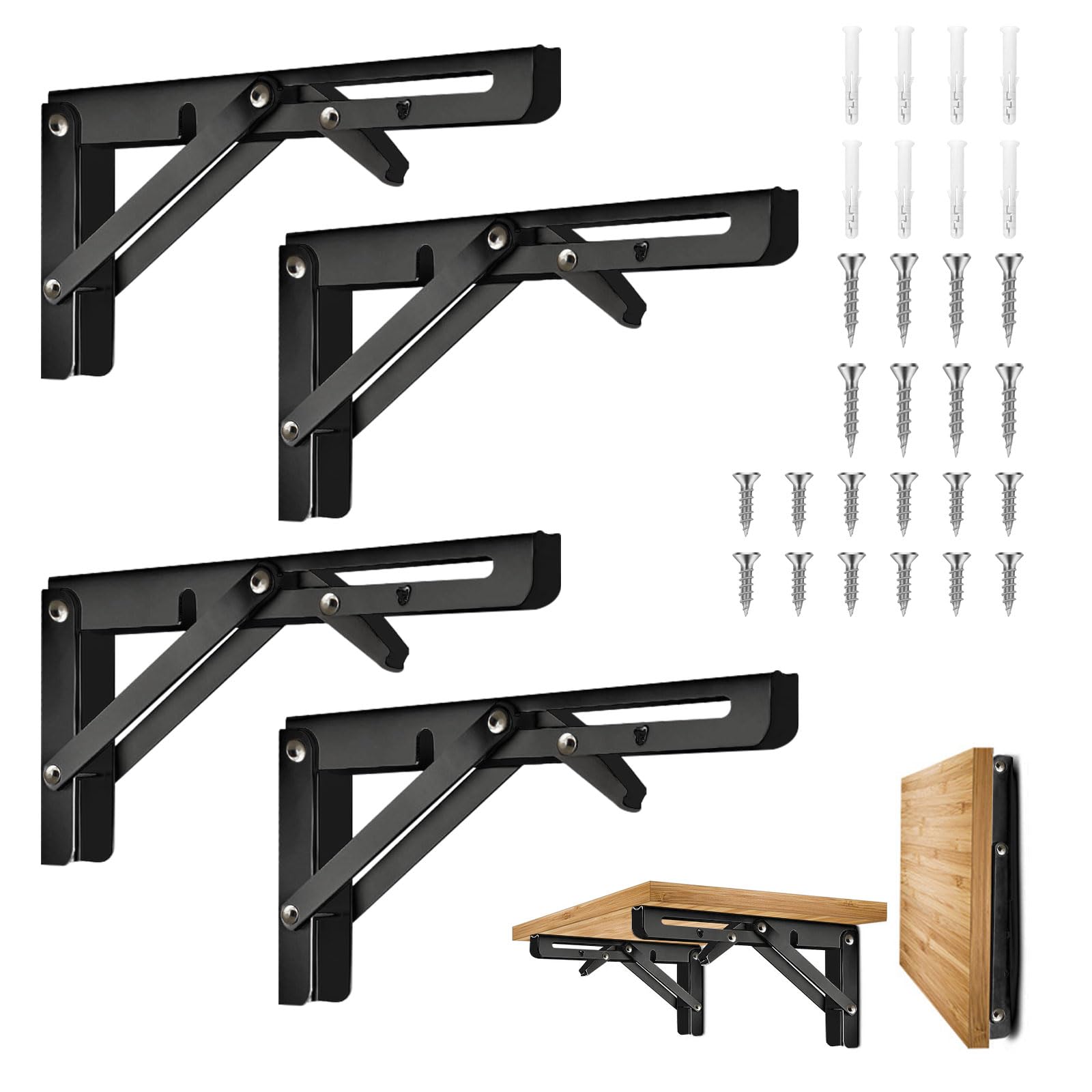 Pack of 4 Wall Folding Console Stainless Steel Folding Consoles, Wall Mounted Floating Table Holder, Heavy Duty Console Shelf Bracket, Shelf Bracket, Angle Bracket, DIY Bracket, Black, Load Capacity: