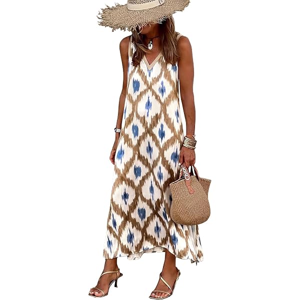 Utcoco Women’s Boho Linen Dress – Sleeveless V-Neck Tank Dress With Side Slit & Pockets, Summer Beach Style