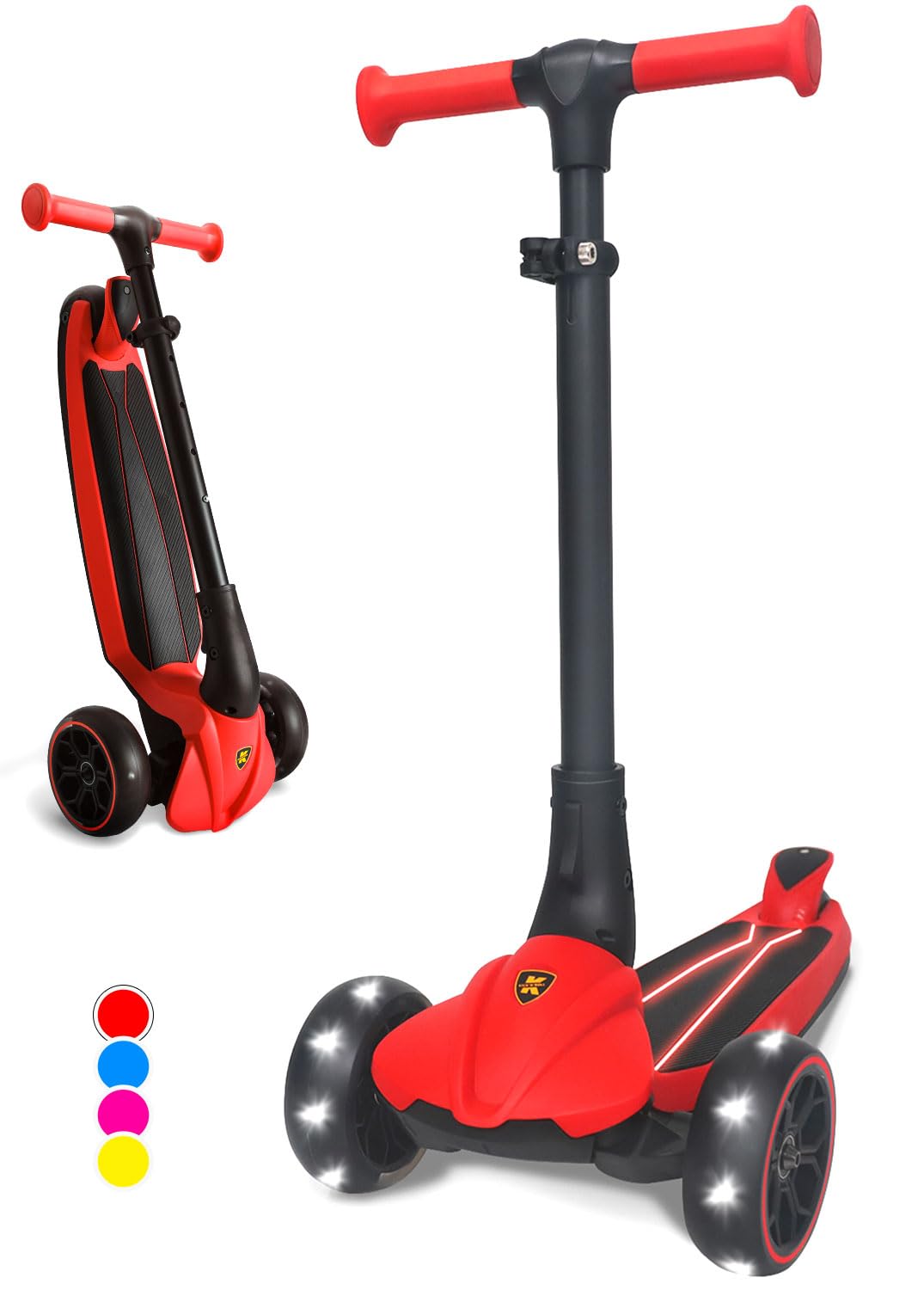 Kicknroll Kick Scooter for Kids Ages 3-7 - 3-Wheel Scooter with Light Up Wheels & LED Deck, Foldable, 4-Level Height Adjustable, Kick n Roll