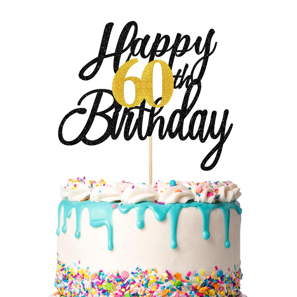 Photo 1 of 1 PCS Happy 60th Birthday Cake Topper Black Gold Glitter, Happy 60th Birthday Party Cake Decorations for Women & Men