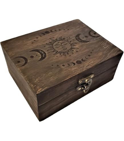 Boîte Coffret En Bois Et Cuir Gravé Croissant Lune - 21x13.5x9.5 Cm, Doublure Velours, Pour Collection Cristaux, Outils Wicca, Souvenirs