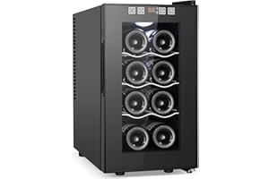 VELIETA 8 Bottles Wine Cooler Refrigerator, Small Wine Fridge, Mini Wine Fridge Countertop with Glass Door Wine Cellars for Red Wine, Champagne, Dry White Wine, Sparkling Wines
