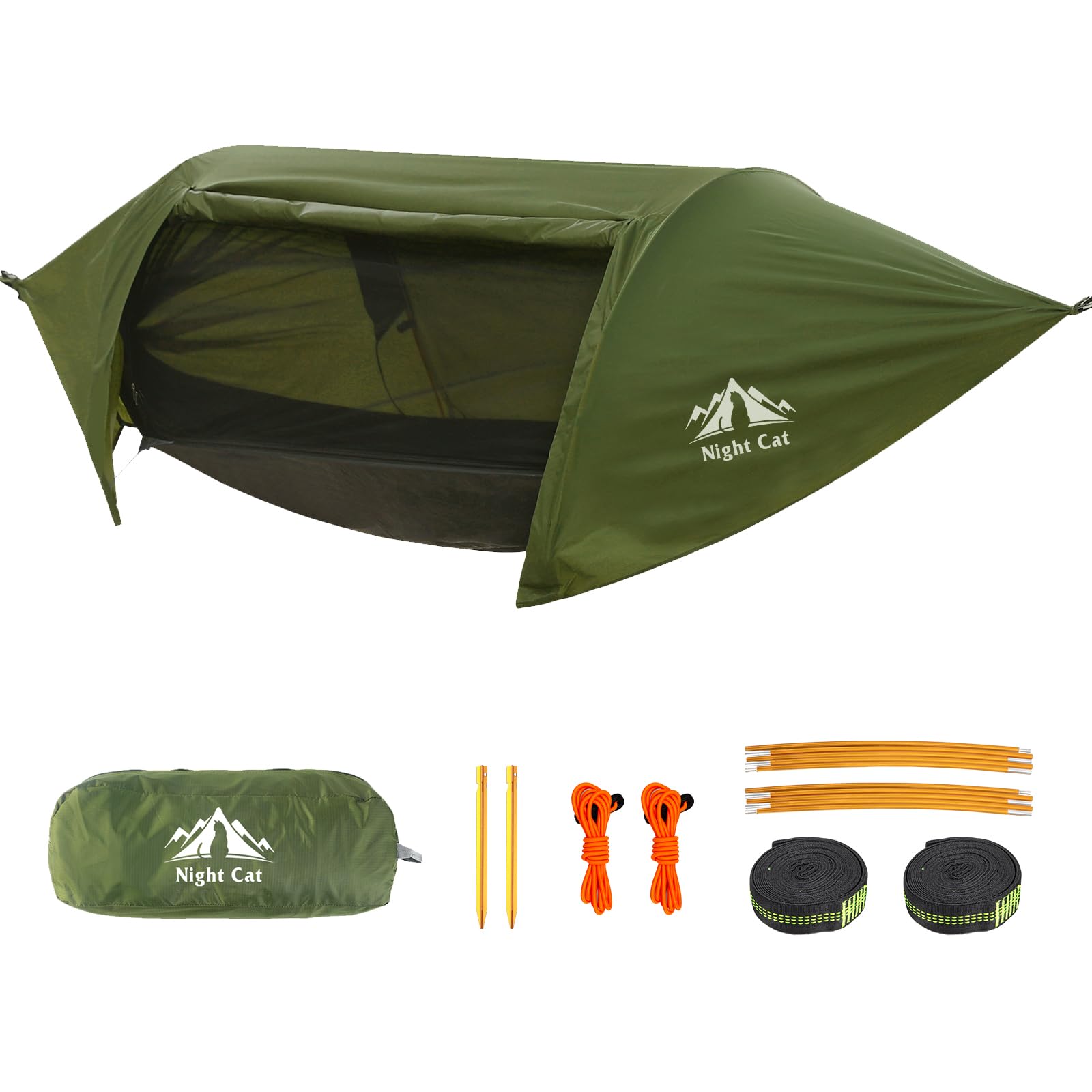 Night Cat Hammock Tent with Mosquito Net Waterproof Rainfly for 1 Person Hiking Camping in Garden Backyard Wild Dark Green