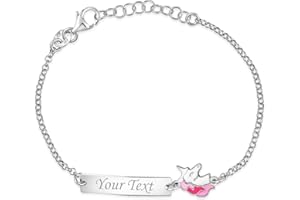 UNICORNJ Sterling Silver 925 Engravable ID Bracelet Rolo Chain for Girls Heart with Pink Enamel 6.5"