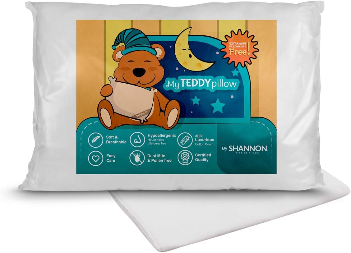 My Teddy Pillow - Kids Toddler Sleeping Plush Pillow with Pillowcase 100% Hypoallergenic Soft & Breathable 300 Count Cotton Shell 13x18 Perfect for Travel, Infant Crib, Toddler Small Bed