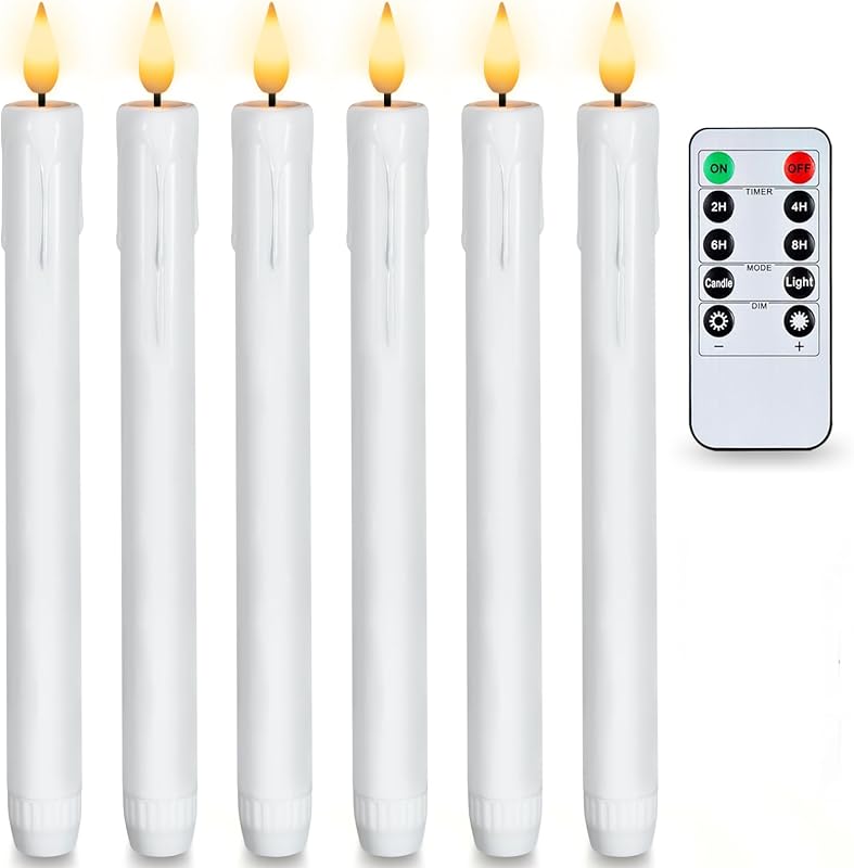 6 Stück White led stabkerzen, Flammenlose Tafelkerzenmit fernbedienung, batteriebetriebene LED Kerzen, 3D-Dochtlicht für Weihnachtsdeko