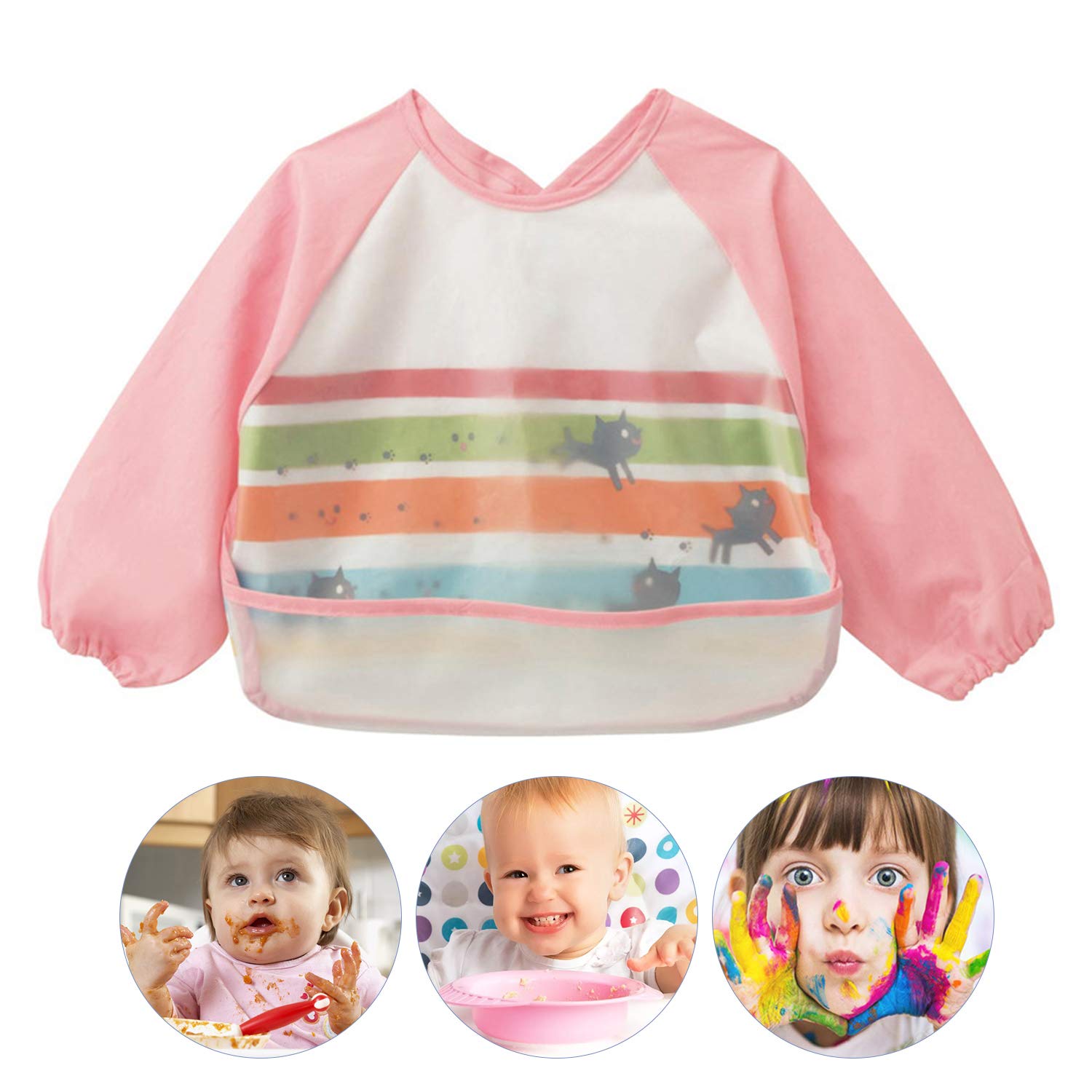 Long Sleeved Bib Water Resistance Bibs for Babies and Toddlers with Pocket Wipeable-Eat and Play Smock Apron for Boys and Girls
