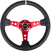 NRG Innovations NRG-RST-006RD-Y Reinforced Steering Wheel - 350mm Sport Steering Wheel (3" Deep) - Red Spoke with Round holes, Black Leather, Yellow Center Mark