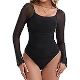MISMI Women's Square Neck Mesh Long Sleeve Bodysuit Shirts Ruched Body Suit Sexy Going Out Tops