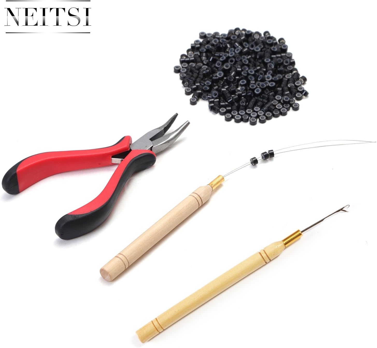 Neitsi Hair Extension Remove Pliers + Pulling Hook + Bead Device Tool Kits + 500pcs 5mm Micro Rings