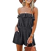 Sumtory Women Off the Shoulder Ruffle Romper Summer Strapless Short Jumpsuit with Pocket