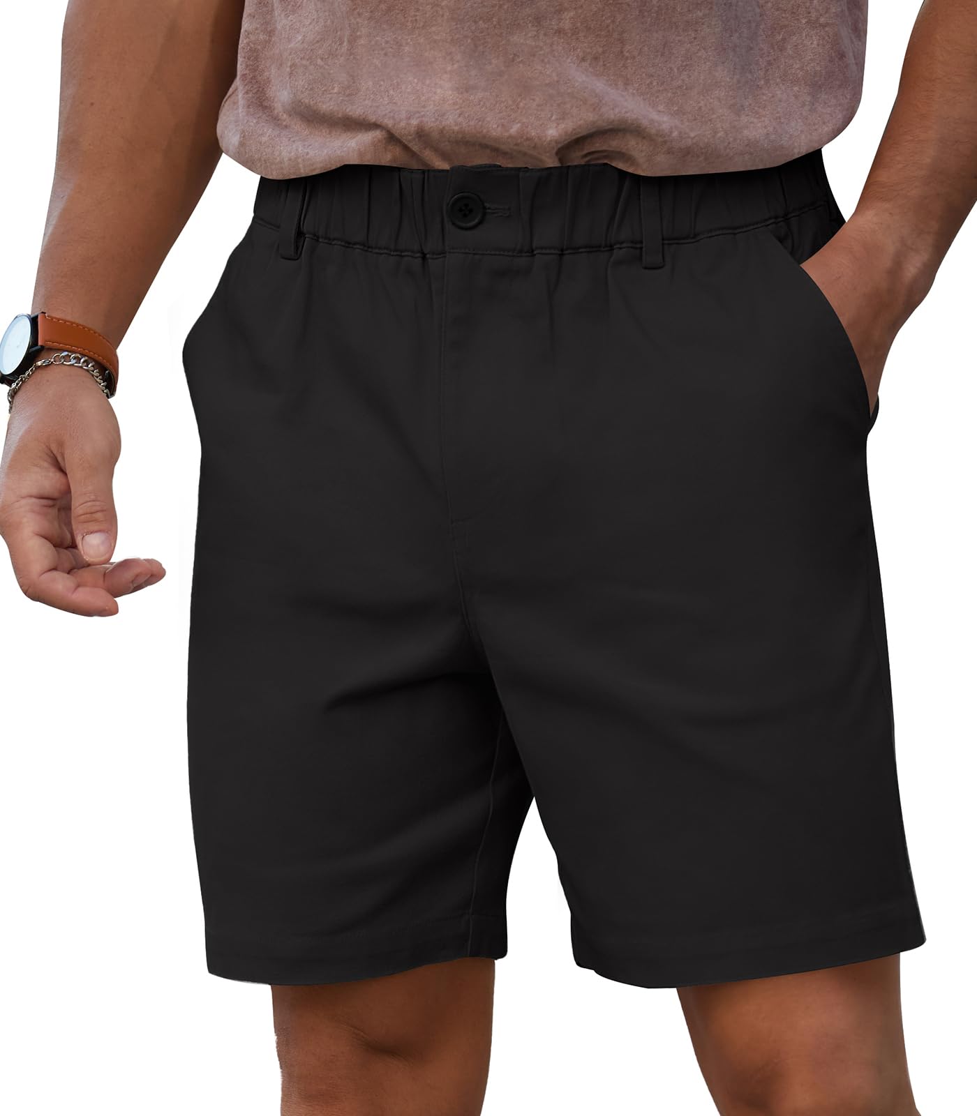 Photo 1 of RQP Men's Cotton Casual Shorts Classic-fit 7" Chino Shorts Elastic Waist Daily Wear Dress Shorts Baech Summer Shorts,Black XXL