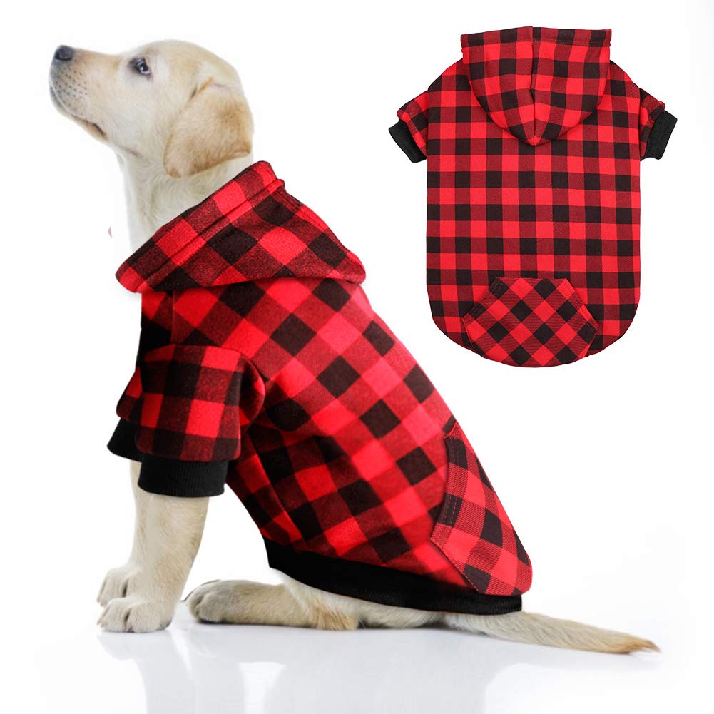 Red Plaid Dog Hoodie Sweater for Dogs Pet Clothes with Hat and Pocket（XL）
