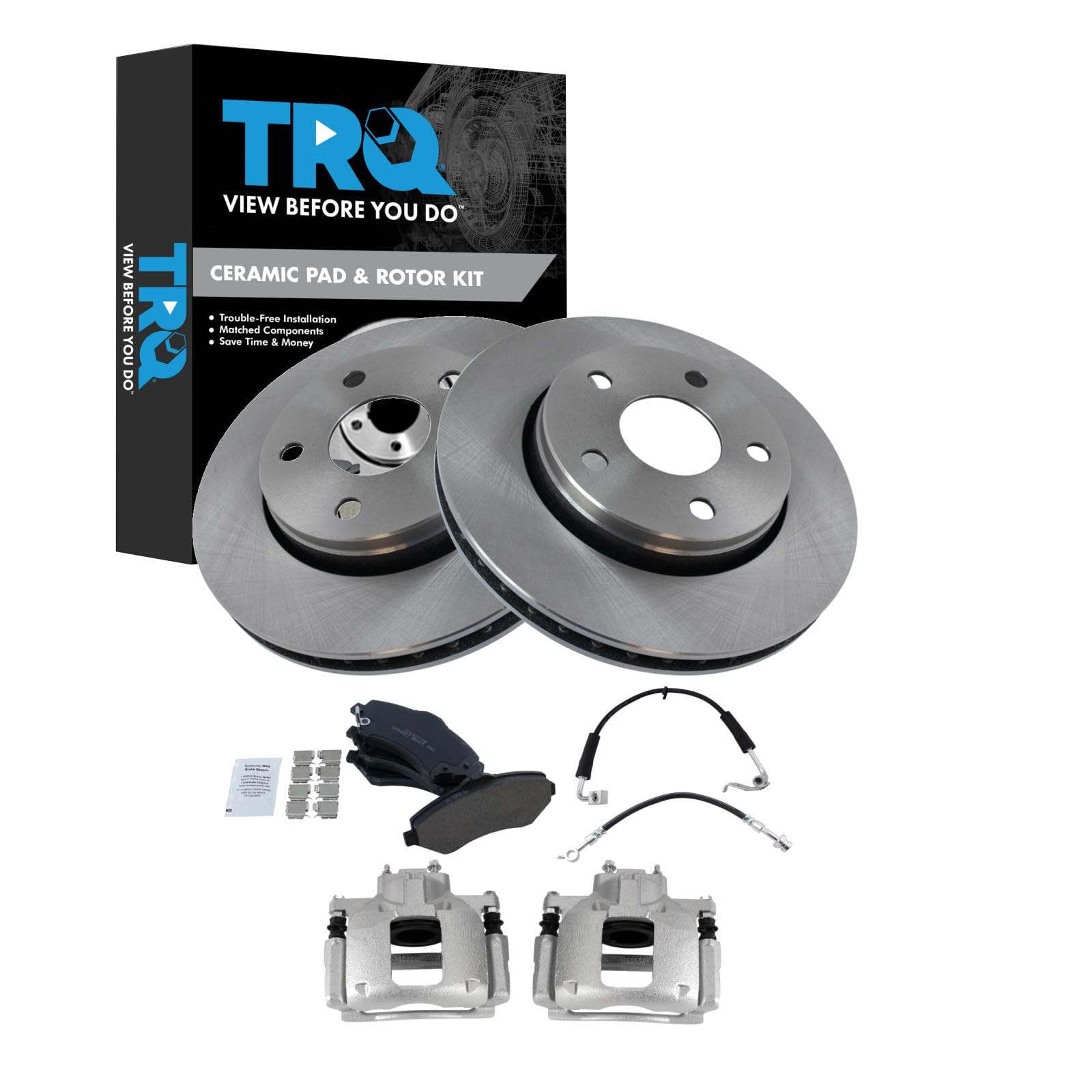 TRQ Front Brake Pad and Rotor Set Ceramic Rotors Calipers Compatible with 2008-2010 Jeep Wrangler Image