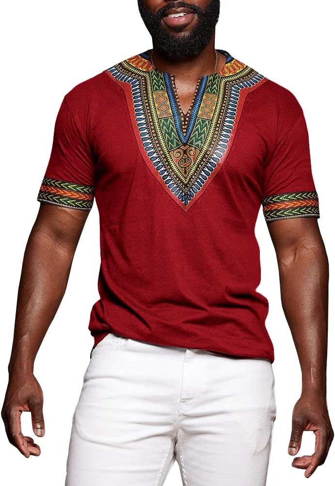 Mens Dashiki African Shirt Casual Short Sleeve T Shirt Tribal Print Tee V Neck Floral Blouse Top