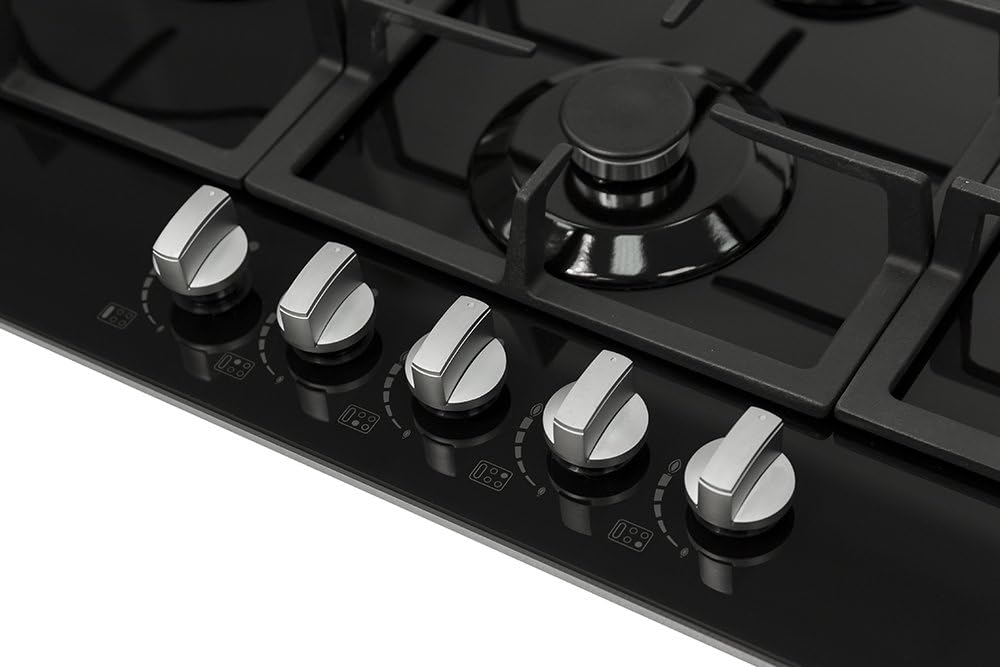 Russell Hobbs RH75GH601B Black Glass 75cm Wide, 5 Burner Gas Hob, Free 2 Year Guarantee BigaMart