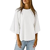 Tankaneo Womens Oversized Tshirts 3/4 Sleeve Drop Shoulder Tops Summer Casual Loose Fit Basic Tee Shirts