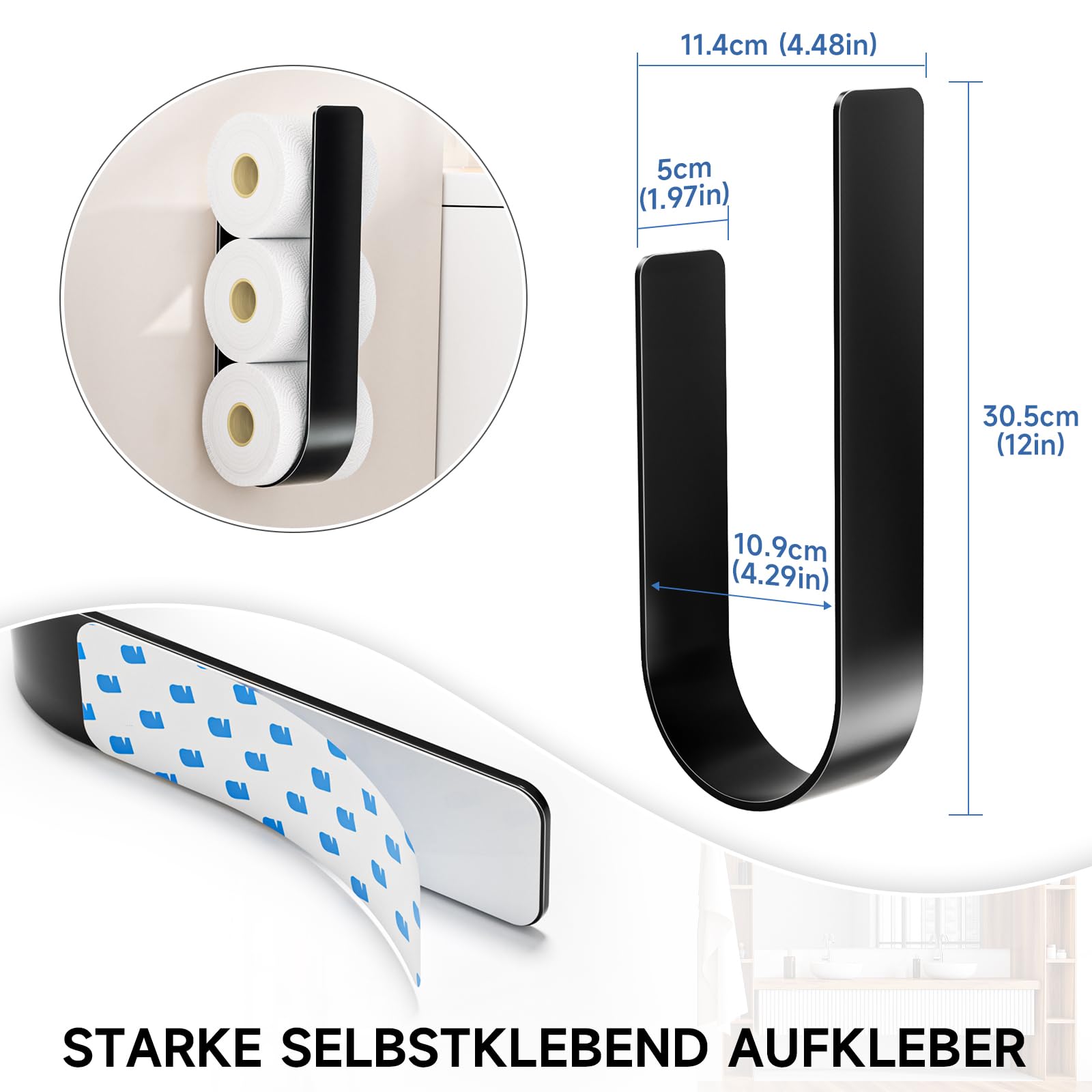 Toilettenpapier Aufbewahrung Wand, Klopapier Aufbewahrung, Toilettenpapierhalter Ohne Bohren, Ersatzrollenhalter Toilettenpapier für 3 Rollen, Selbstklebend Klopapierhalter, Schwarz 2