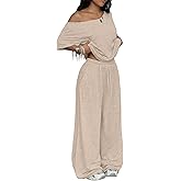 TDCoool Women's 2 Piece Matching Lounge Set Off The Shoulder Short Sleeve Top Wide Leg Sweatpants Set Casual Loungewear