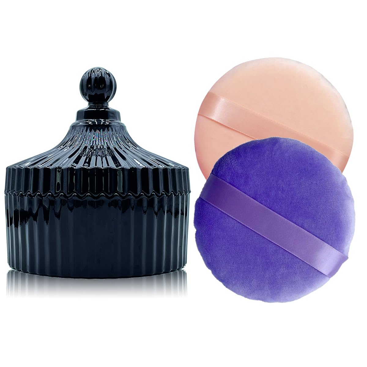 Photo 1 of 2 Pack Extra Large 5.2" Beige & Purple Powder Puffs and 5.3" Glass Container – Oversized Soft Body & Face Large Powder Puff Dusting Powder Jar Holder Case(Black Glass)