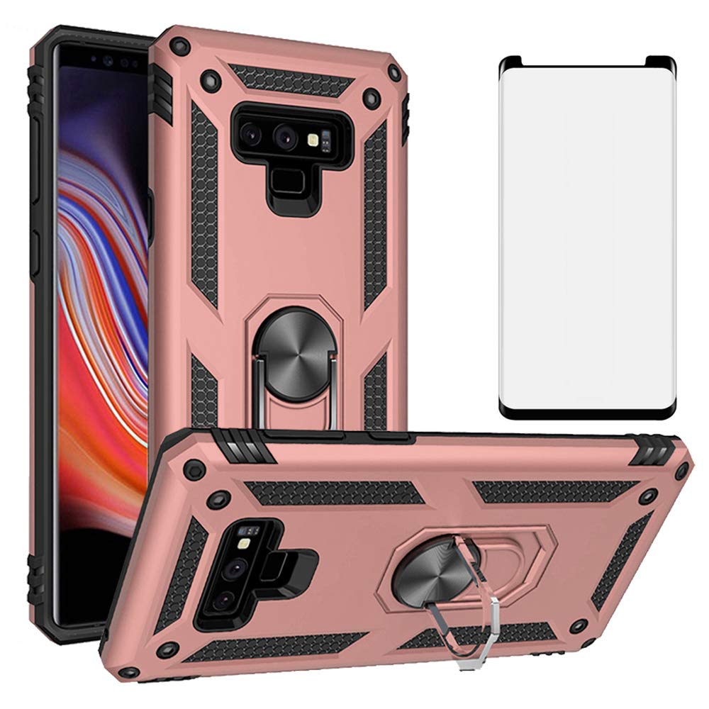 Phone Case for Samsung Galaxy Note 9 with Tempered Glass Screen Protector Cover Stand Ring Rugged Silicone Holder Hard Shockproof Heavy Duty Accessories Magnetic Cute Glaxay Note9 9case Girls Pink