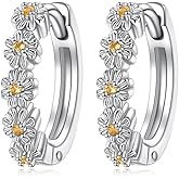 18K White Gold Plated Flower Hoops Earrings 925 Sterling Silver Daisy Earrings for Women Small Huggie Flower Earrings Elegant Ear Jewelry Gifts for Birthday Party
