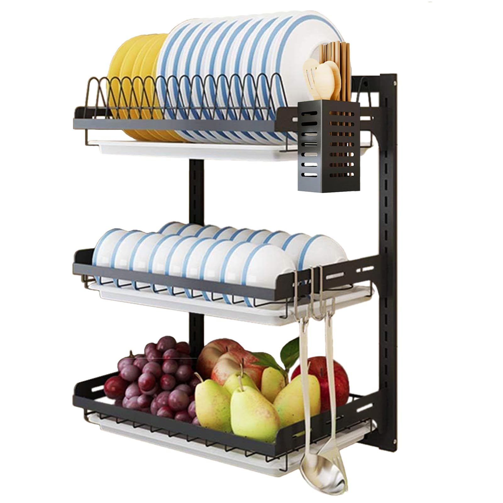 Photo 1 of Wall Mounted Dish Drying Rack, 3 Tier Hanging Dish Rack Drainer, Wall Mount Kitchen Plate Organizer Storage Shelf with Drain Tray and 3 Hook, Stainless Steel, Black, Large, Ajustable Height ( 21.8" )