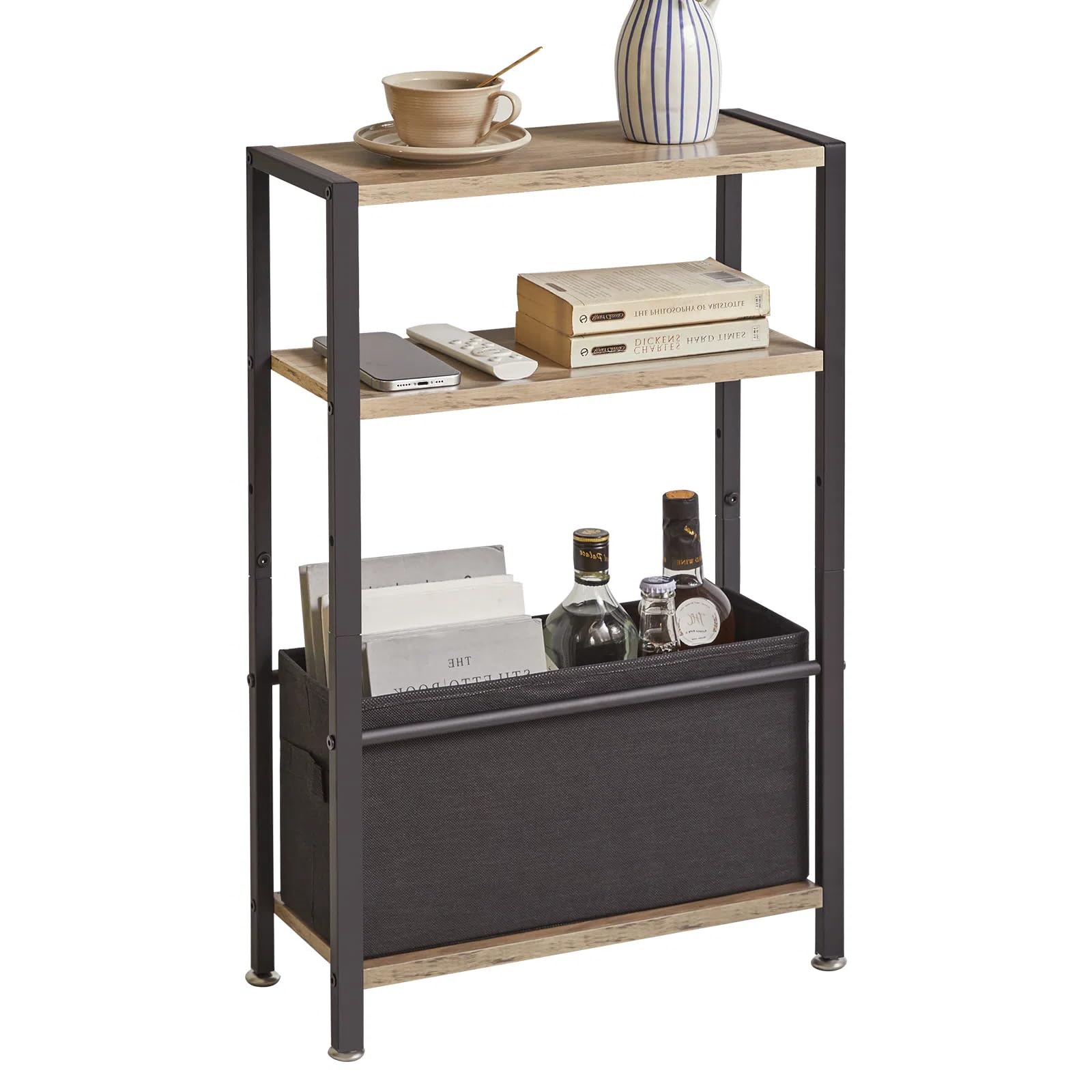 Aibiju Narrow Side Table with Storage Shelf, 3-Tier Slim End Table with Fabric Basket, Modern Sofa Table Thin Side Table for Living Room, Bedroom Study, Bedside, Office, Oak gray YD-TM052Y