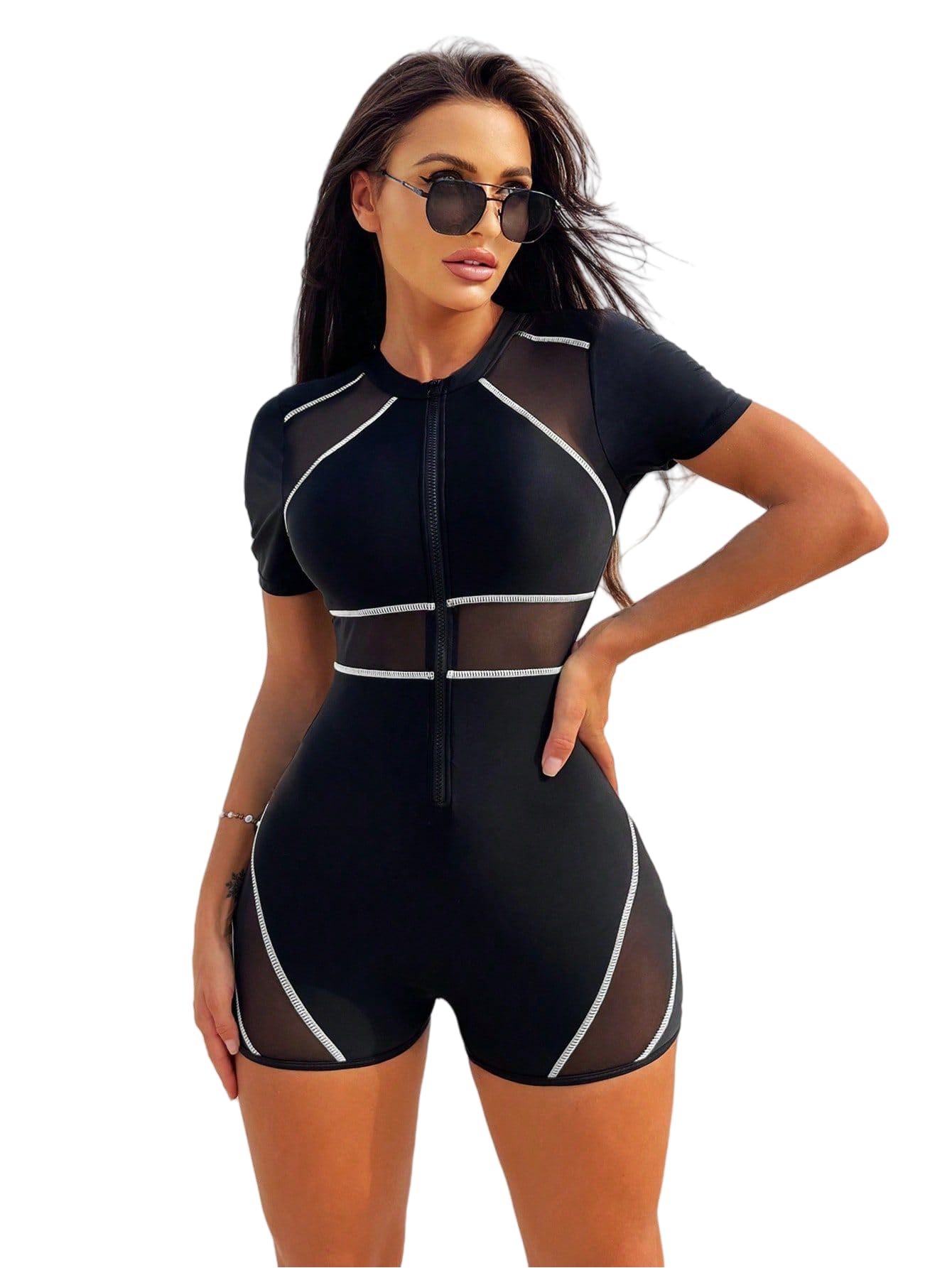 Photo 1 of SISKIN Swim Suits for Women 2025, One Piece Tummy Control Short Sleeve Mesh Zipper Athletic Colorblock Modest Bathing Suit Blackwhite S