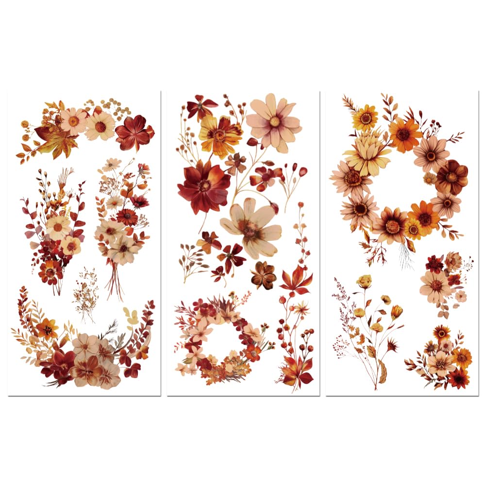 Peacoblue Rub on Transfer Decals for Furniture Crafts 6"x12", 3Pcs Dried Flowers Waterproof UV DTF Transfer Decals Sticker for Dresser Lingerie Chests Drawer Glass Porcelain Wood