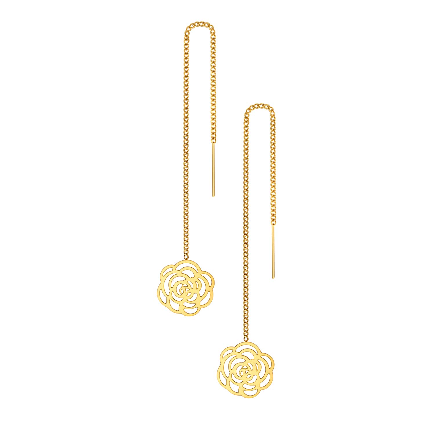 555Jewelry Womens Stainless Steel Girls Classic Long Dangle Drop Dainty Flower Cute Threader String Tassel Chain Gift Fashion Accessory Jewelry Pair Set Earrings, Yellow Gold