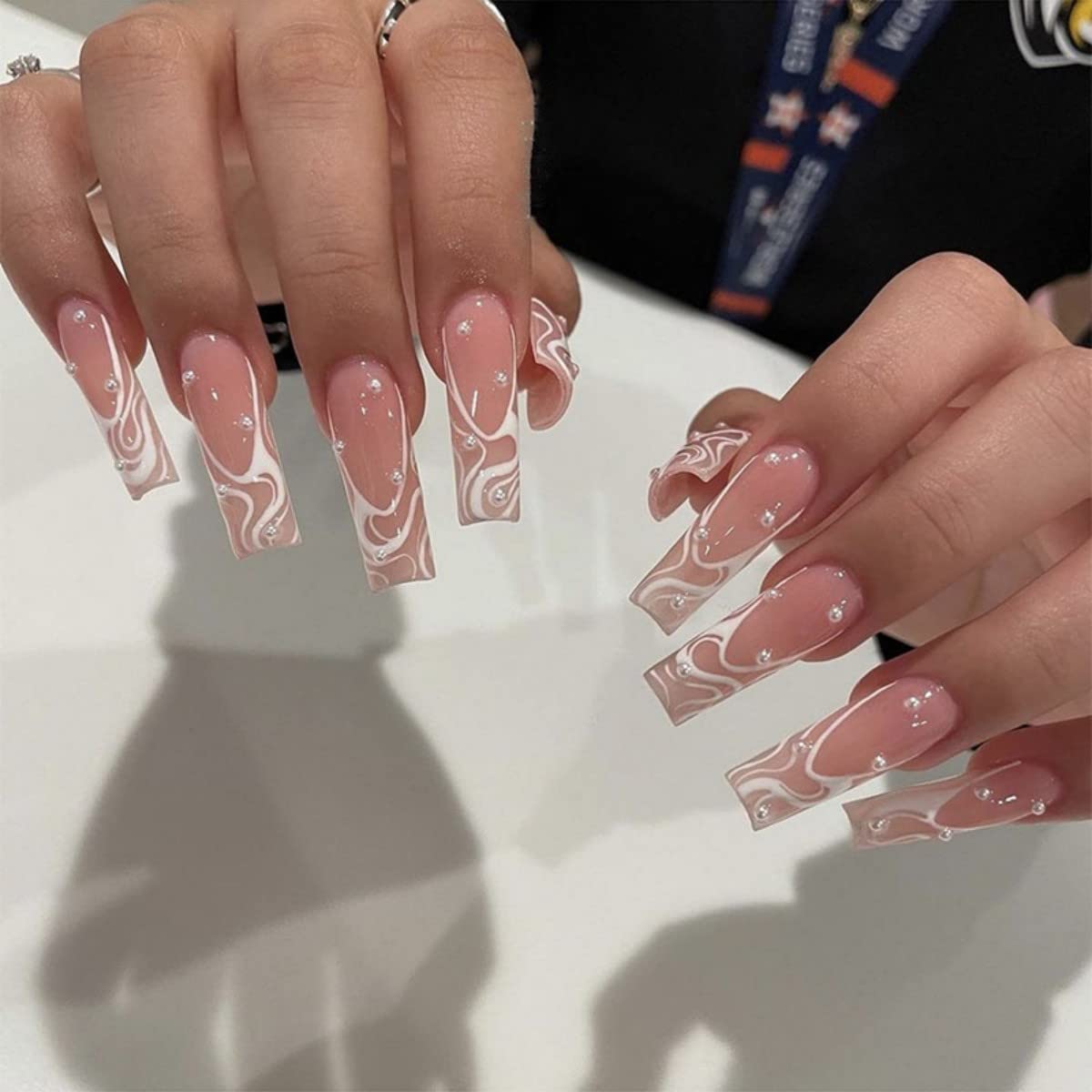 JUSTOTRY 24 Pcs Swirl Press on Nails Coffin with Pearls Designs,Pink False Nails Long,Pretty Stick on Nails for Women,Glossy French Ballerina Fake Nail Medium for Nail Art Gifts