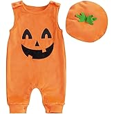 Lamuusaa Newborn Baby Girl Boy Halloween Outfit Sleeveless Pumpkin Romper Jumpsuit Hat Halloween Baby Clothes 0-18M