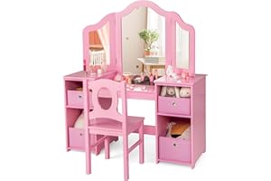 INFANS Kids Vanity, 2 in 1 Princess Makeup Desk & Chair Set with Tri-Folding Detachable Mirror, Storage Shelves, Wooden Dress