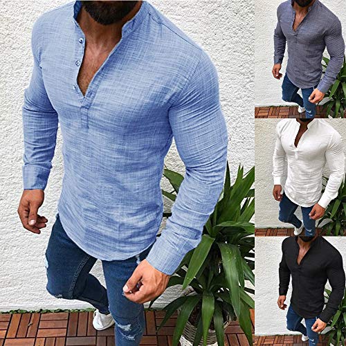 Simayixx Men Shirts Male Casual Linen Long Sleeve T-Shirt Fashion V-Neck Button Up Tops Business Fit Clothes Beige - Thumbnail 6