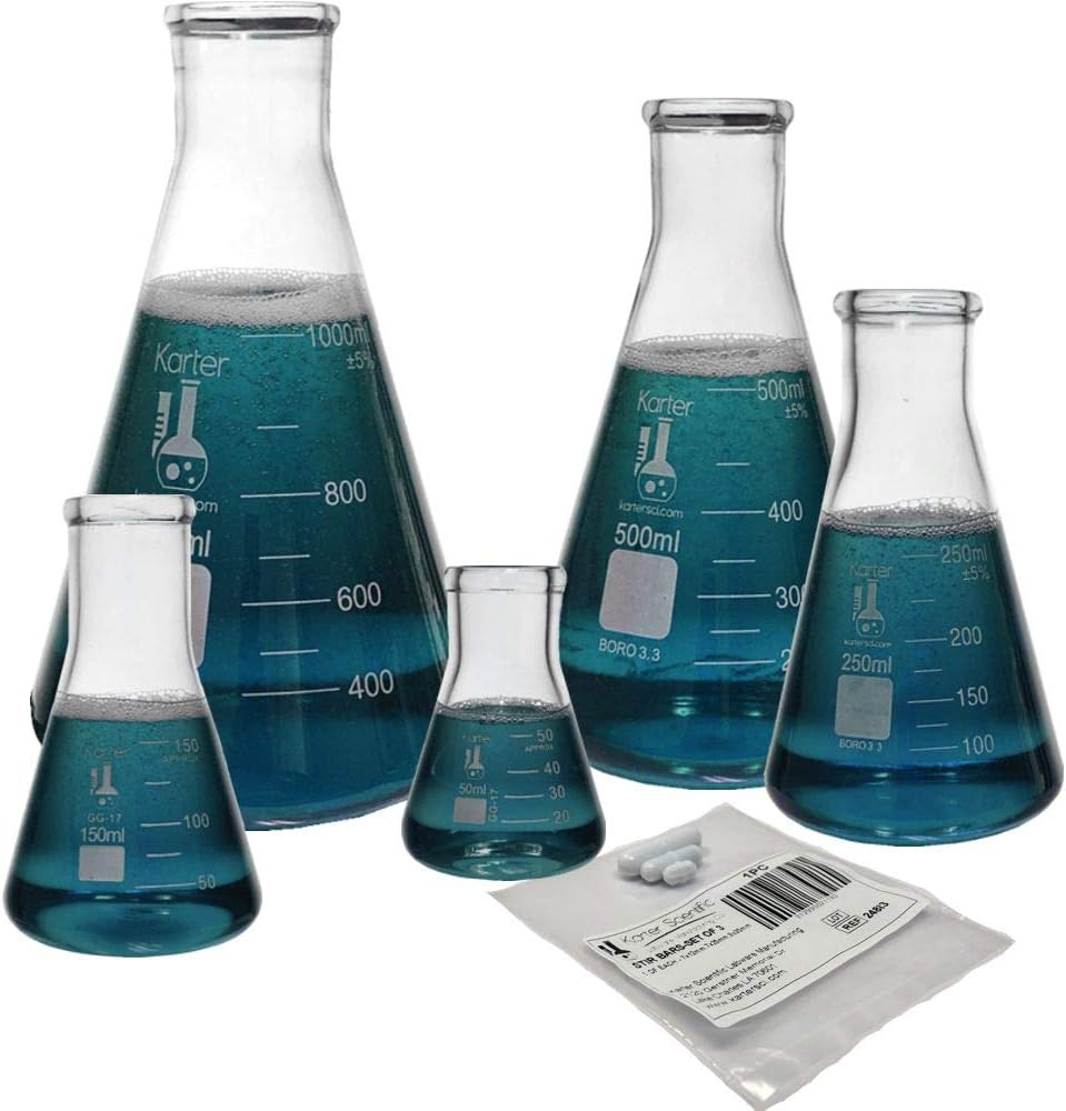 Glass Erlenmeyer Flask Set with Magnetic Stir Bar Set, 5 Sizes - 50, 150, 250, 500, and 1L, 3.3 Boro. Glass, Karter Scientific 213B4