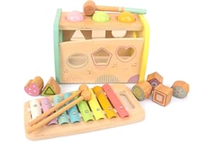 WOODENFUN Hammering Pounding Toys Wooden Educational Toy Xylophone Shape Sorter, Birthday Gift for 3 Years Boys Girls Baby Toddler Kids Developmental Montessori Learning Toy (Yellow)