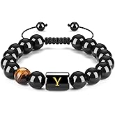 FRG Initials Bracelets for Men Letter Link Handmade Natural Black Onyx Tiger Eye Stone Beads Braided Rope Meaningful Bracelet