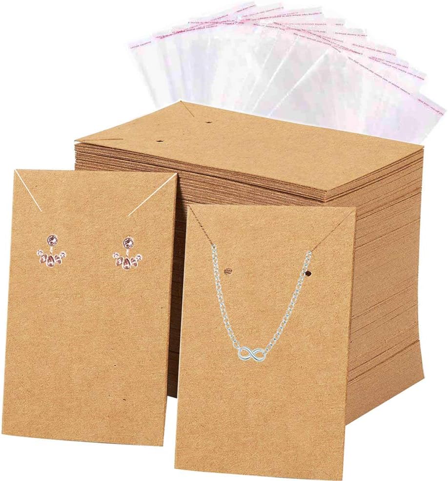 FOLAI Women's Earrings And Necklace Display Cards With 100 Self-Sealing Bags Earring Card Holder, Earring Display Cards For Ear Studs,Earrings, Necklaces,Kraft Color, 3.5X2.4Inch