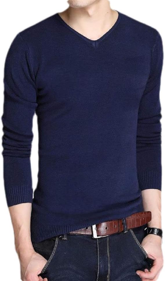 UUYUK Suéter pulôver masculino de manga comprida com gola em V