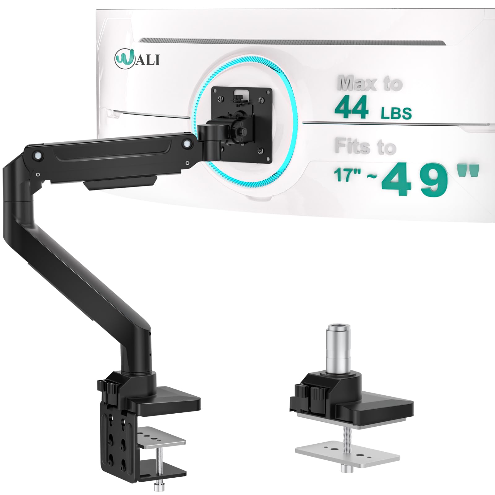 WALI Brazo de monitor ultraancho para pantallas curvas de alta resistencia de 17 a 49 pulgadas, soporta hasta 44 libras, soporte de escritorio para monitor individual con resorte de gas ajustable con abrazadera en C, base con ojal, VESA 75/100 mm, (GSM001
