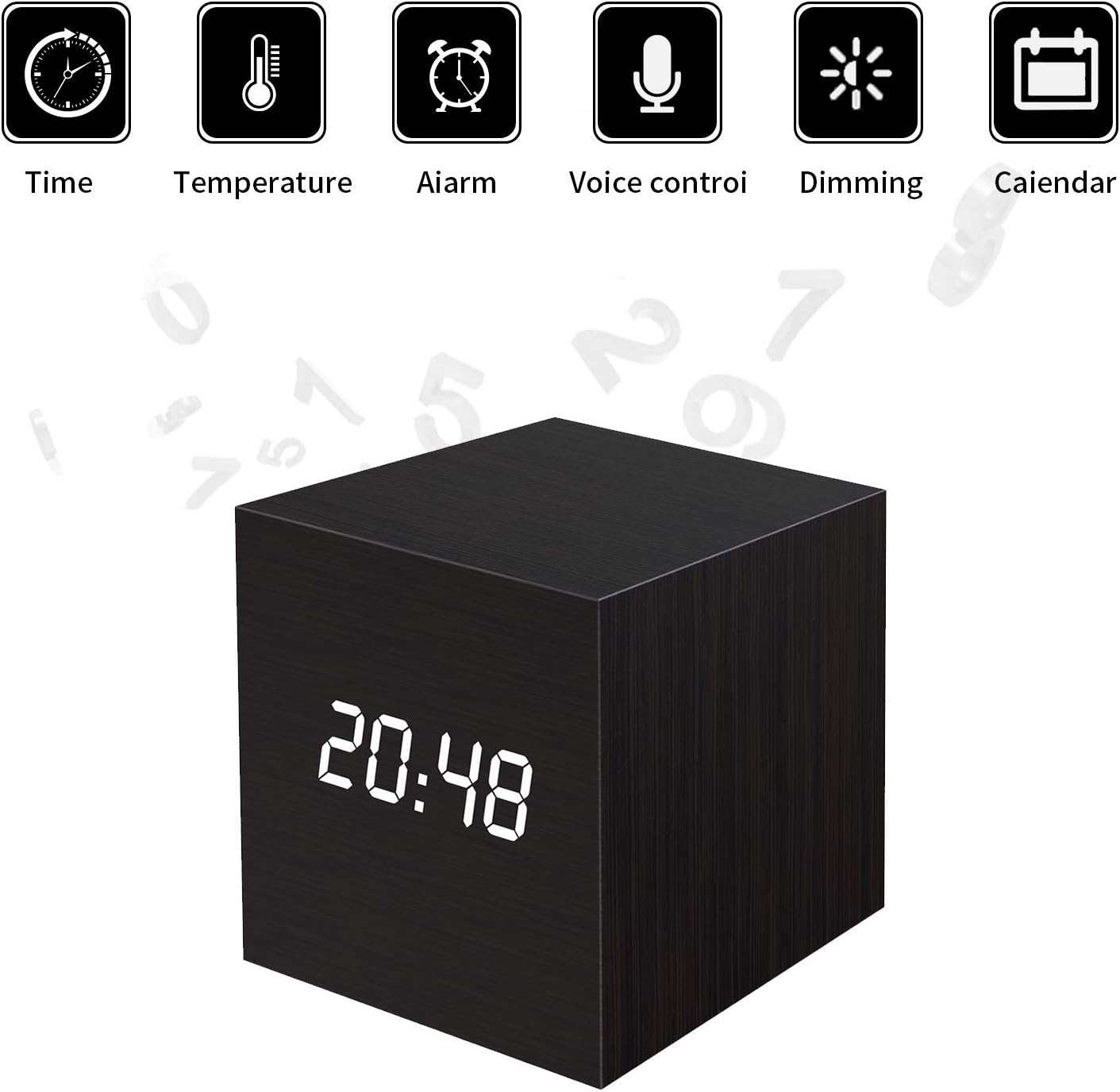 Wooden LED Digital Alarm Clock, Displays Time Date and Temperature, Cube USB Charger/3AAA Battery Powered Sound Control Desk Alarm Clock for Kids, Home, Office, Bedroom, Heavy Sleepers (Black)