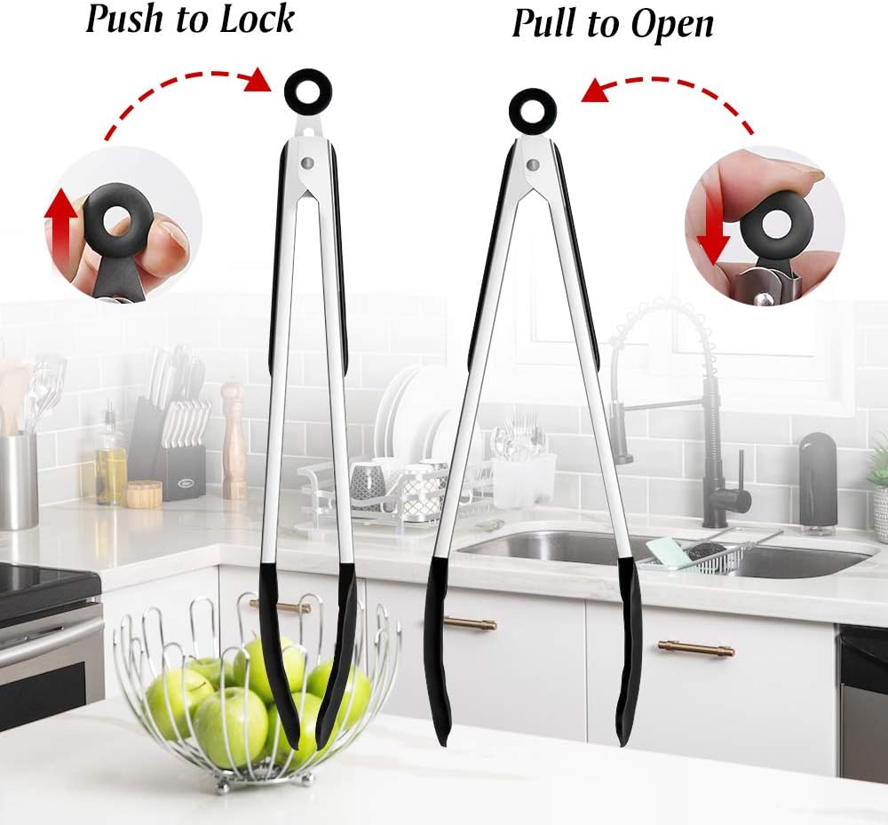 Kitchen Cooking Tongs 3 Packs, Xpatee Silicone Kitchen Tongs (7 / 9/ 12 in), Stainless Steel Tongs with Silicone Tips for Cooking, Serving, BBQ Grill and Salad( Black): Kitchen & Dining
